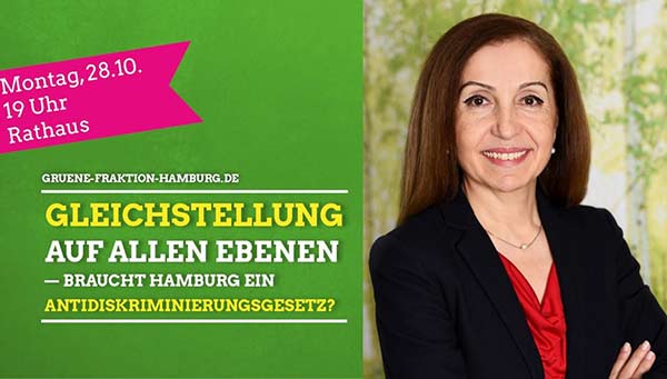 Plakat für die Diskussion 'Gleichstellung auf allen Ebenen  Braucht Hamburg ein Antidiskriminierungsgesetz?'